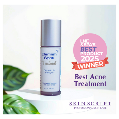 Skincare bottle labeled 'Blemish Spot Treatment' with 'LNE & SPA's Best Product 2025 Winner' badge on a light background. Skin Script Spot Treatment Glycolic Salicylic 