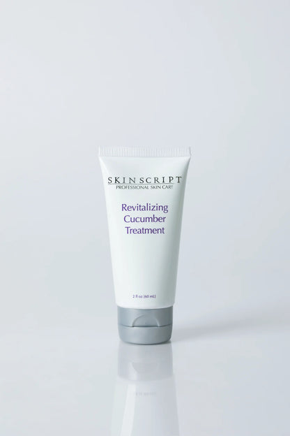 Skincare treatment tube labeled 'Revitalizing Cucumber Treatment' by Skin script on a white background