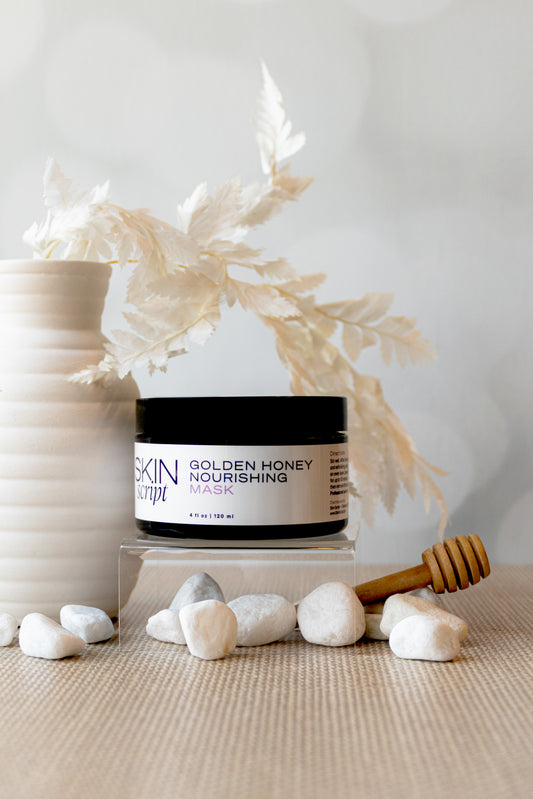 Skin Script Jar of Golden Honey Nourishing Mask with decorative elements on a neutral background