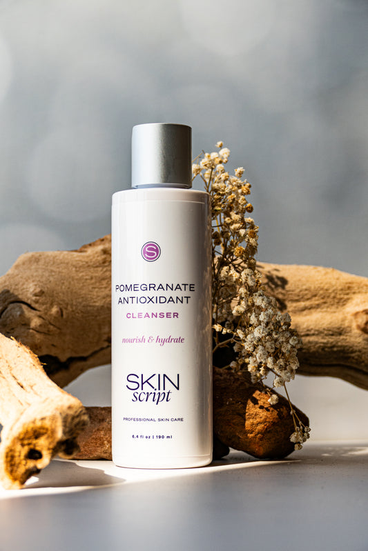 Skincare bottle labeled 'Pomegranate Antioxidant Cleanser' by 'Skin Script' on a neutral background with natural elements.