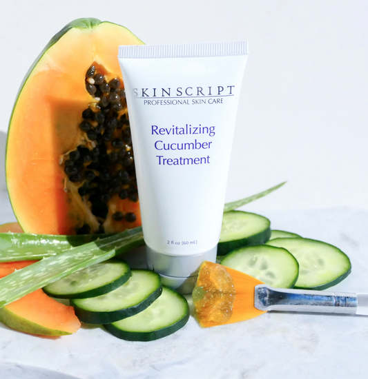 SKIN SCRIPT Revitalizing Cucumber Treatment with papaya, cucumber slices, and aloe vera on a white background